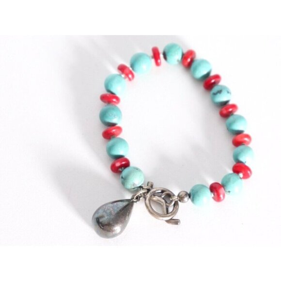 Ladies 925 Sterling Silver Turquoise Blue Red Stone Knot Teardrop Charm Bracelet - Picture 3 of 5